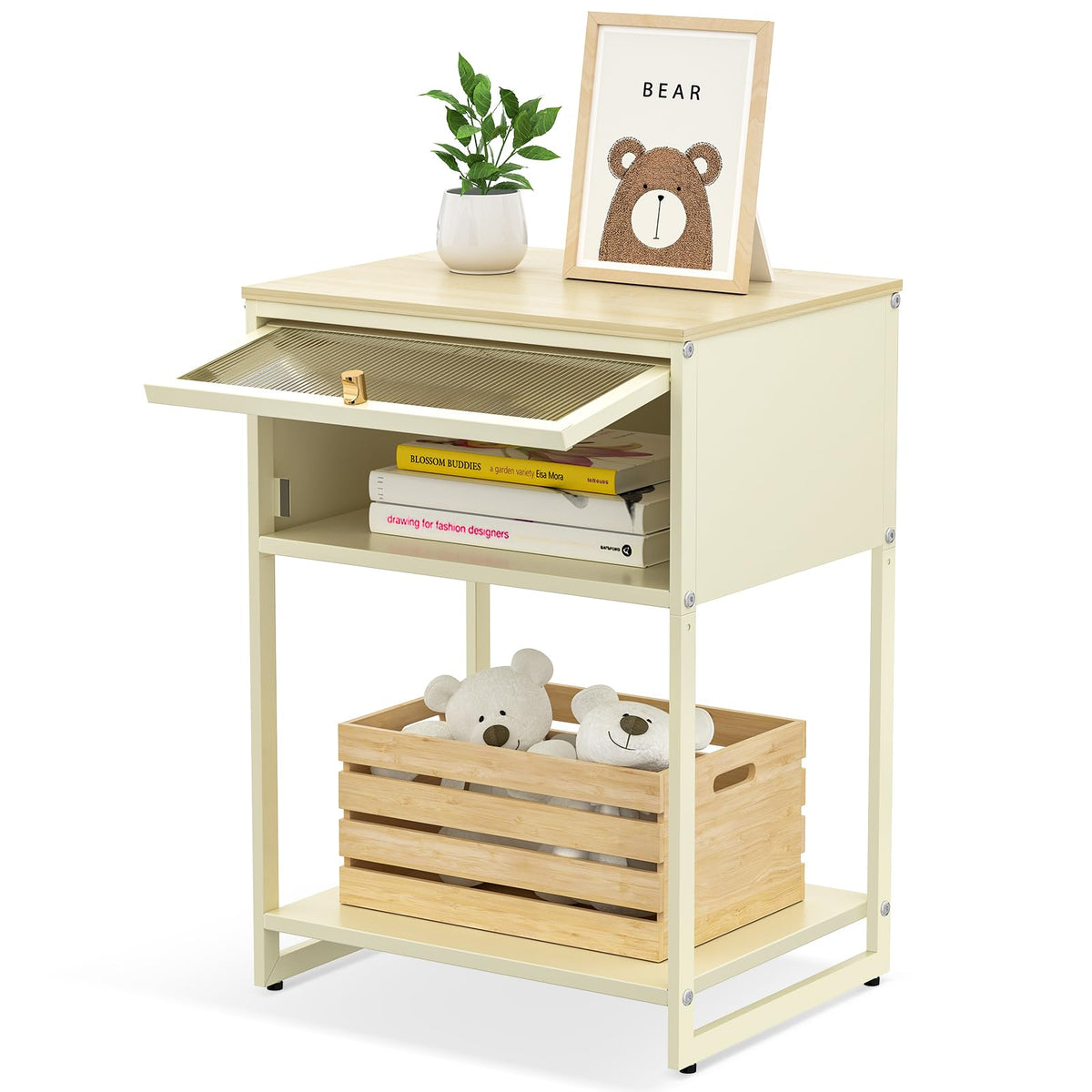 Yellow Kids' Bedside Table with Storage